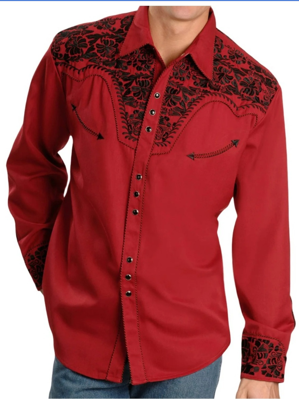 Scully Red Western Shirt with Black Floral Embroidery